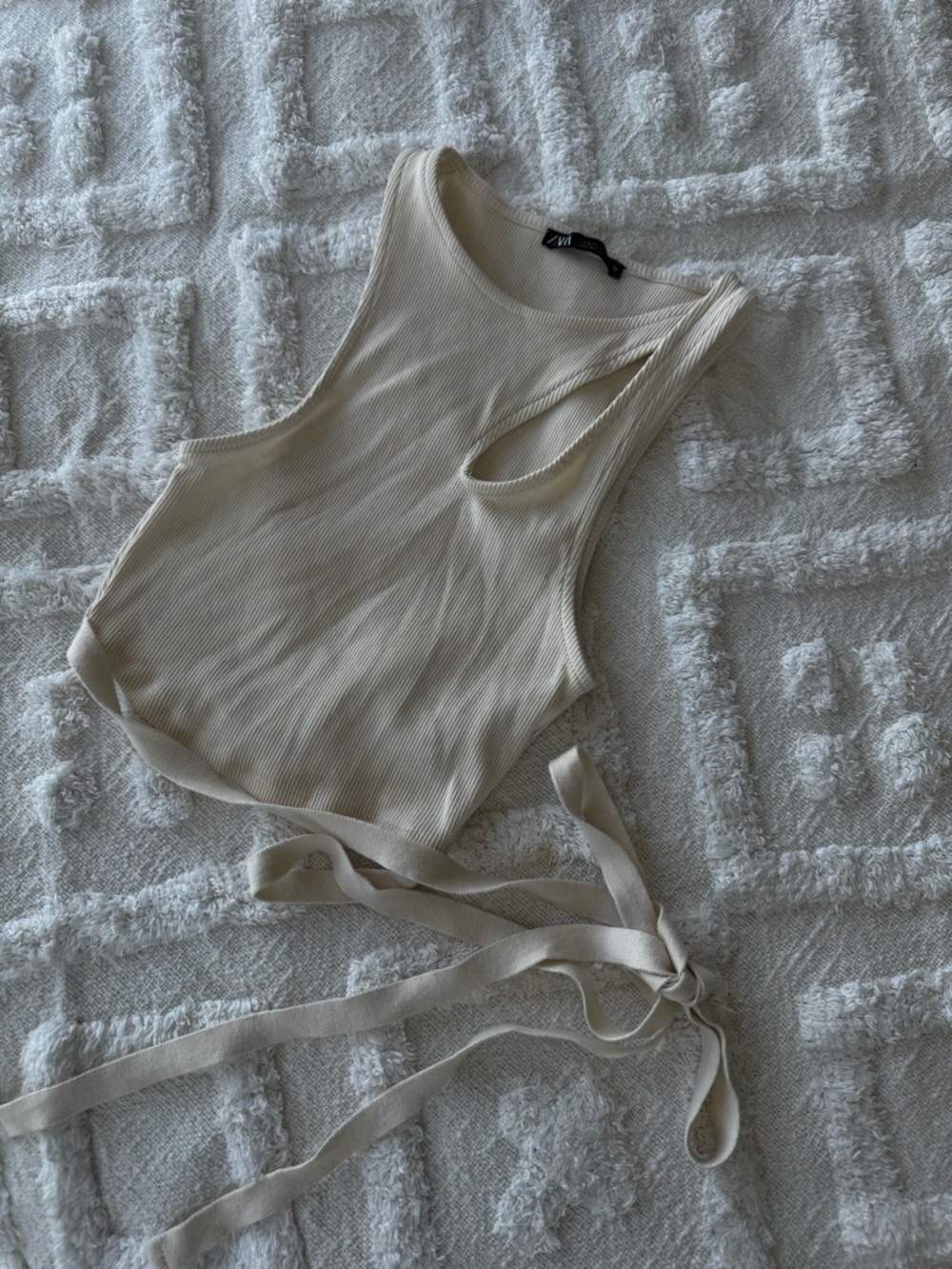 Zara Cream Ribbed Waist Tie Tank